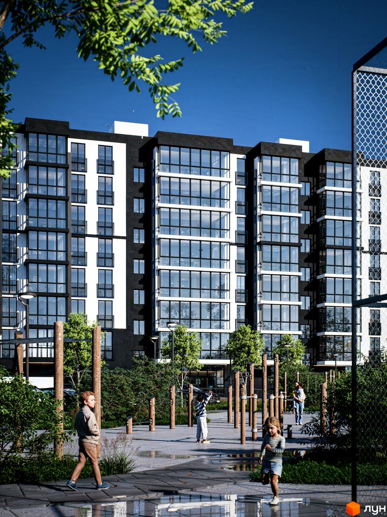 Новобудова ЖК ТИSHA з великими панорамними вікнами та балконами, поруч дитячий майданчик та зелена зона.