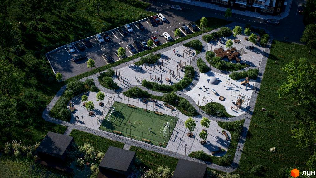 Житловий комплекс ЖК ТИSHA: фото території з дитячим майданчиком, спортивними зонами та парковкою. Зелена зона та доріжки для відпочинку.