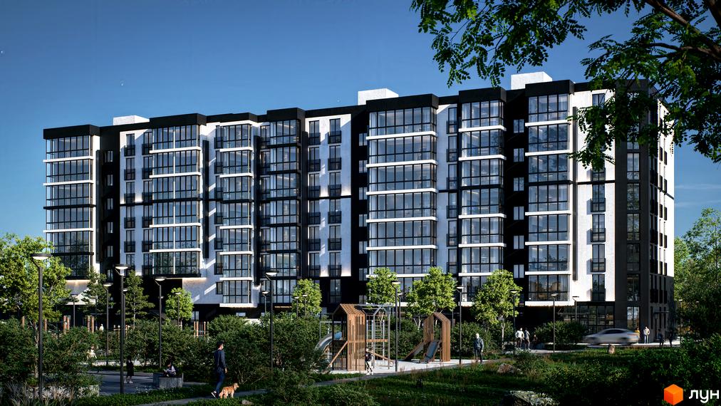 Житловий комплекс ТИSHA - багатоповерховий будинок з чорно-білим фасадом та великими вікнами, поруч дитячий майданчик та зелена зона.