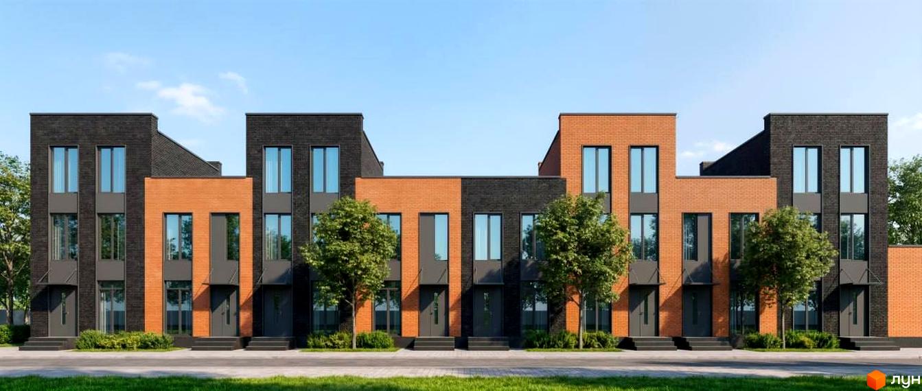 Таунхауси Nord-Wood Gardens з цегляним фасадом та великими вікнами на тлі блакитного неба. Перед будинками зелена галявина та дерева.