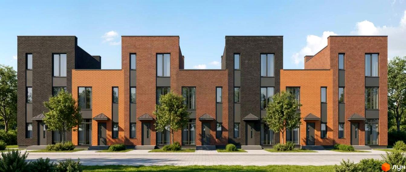 Зовнішній вигляд таунхаусів Nord-Wood Gardens з цегляним фасадом та великими вікнами. Навколо будівель зелені дерева та доглянута прибудинкова територія.