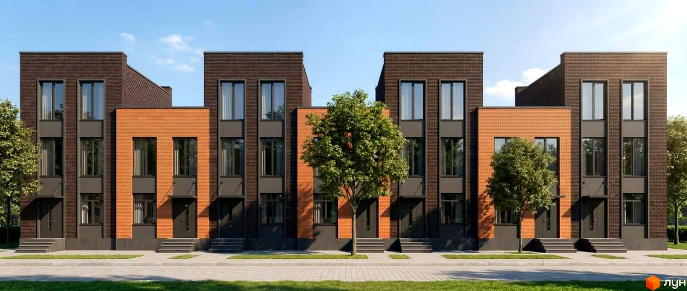 Зовнішній вигляд таунхаусів Nord-Wood Gardens з цегляним фасадом та зеленими деревами. Новобудова з сучасним дизайном.