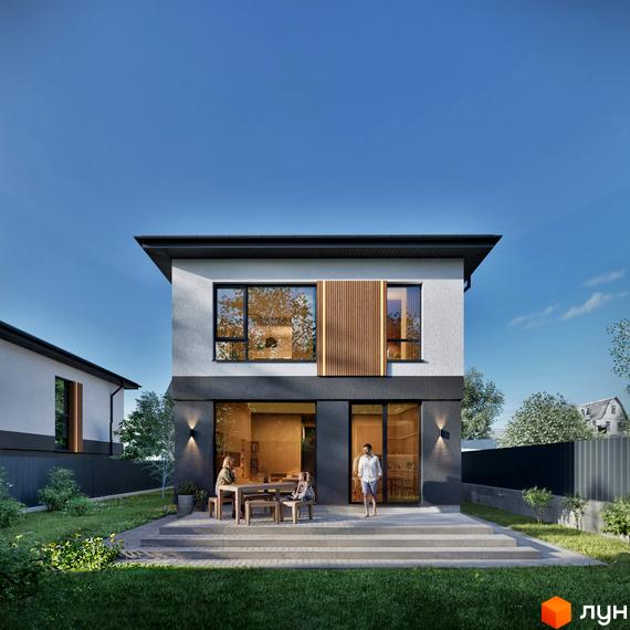 Котеджне містечко STOYANKA PARK: двоповерховий будинок з білим та темно-сірим фасадом, великими вікнами та дерев'яними елементами. Перед будинком зелений газон та тераса з людьми.