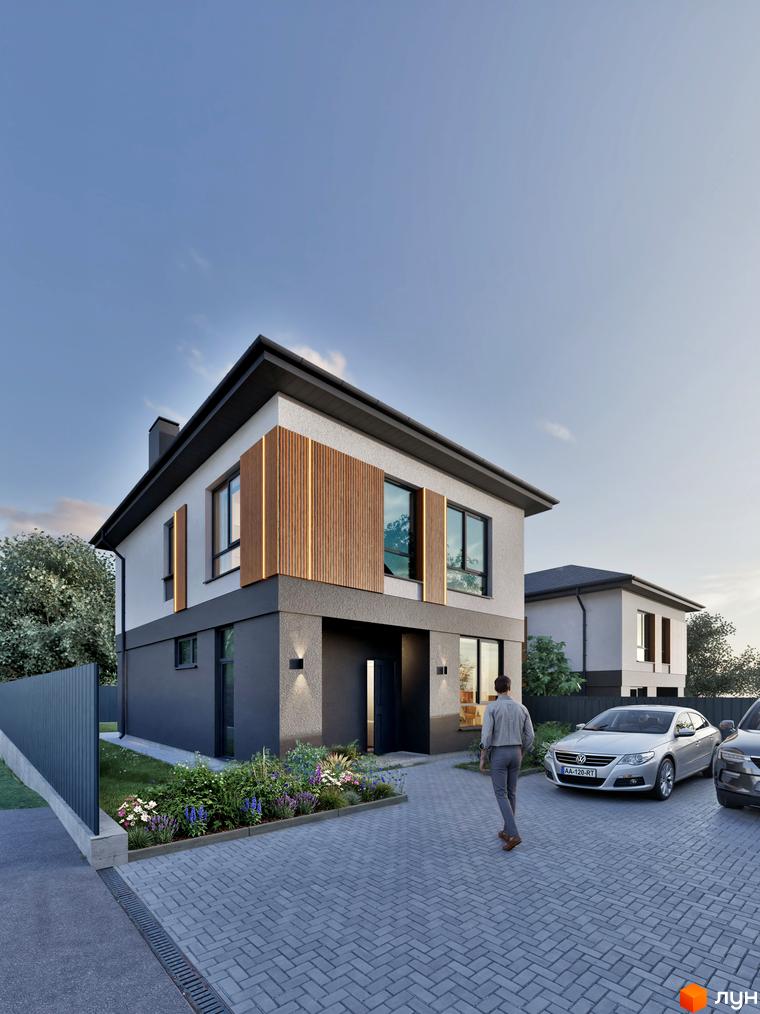 Двоповерховий будинок Котеджного містечка STOYANKA PARK з білим та темно-сірим фасадом, дерев'яними вставками. Перед будинком вимощена бруківкою доріжка та клумби з квітами.