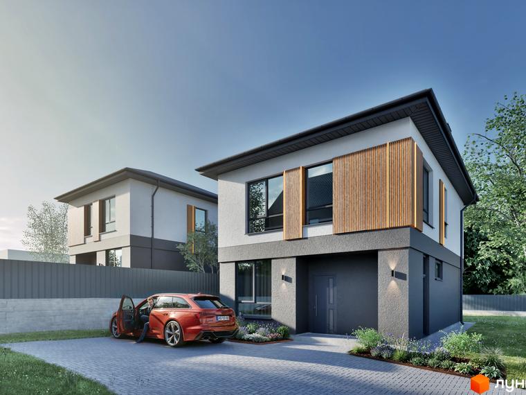 Котеджне містечко STOYANKA PARK: двоповерховий будинок з сірим фасадом, дерев'яними вставками та червоним автомобілем на бруківці.