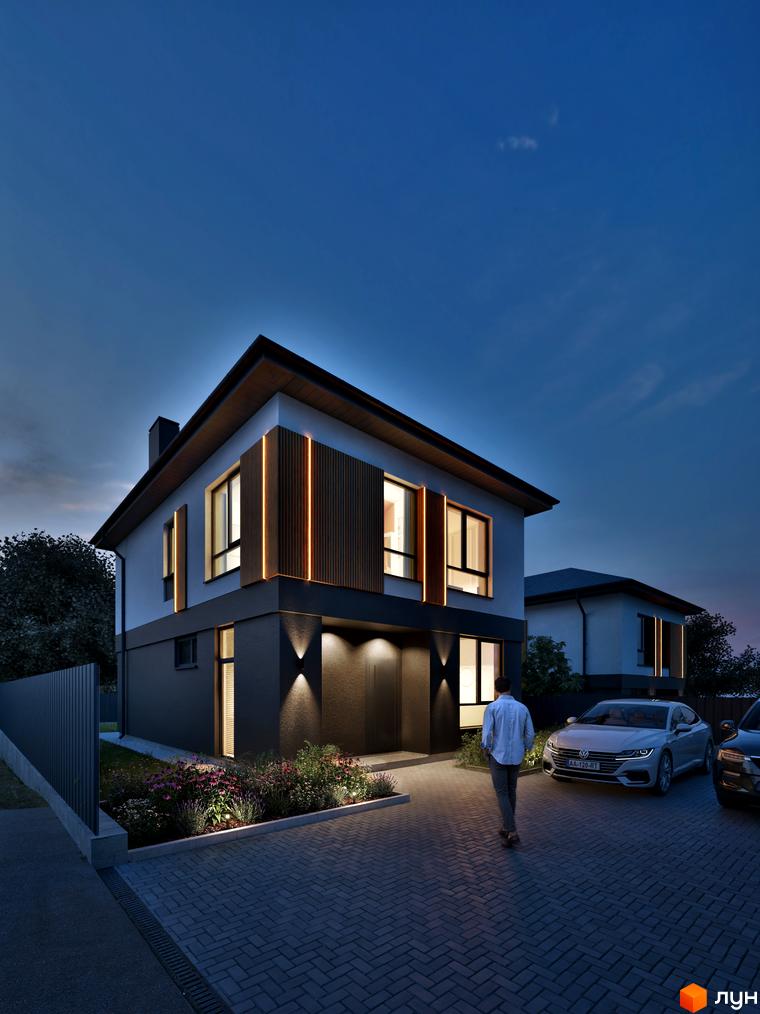 Котеджне містечко STOYANKA PARK: будинок з контрастним фасадом, підсвічуванням та доріжкою з бруківки, оточений озелененням.