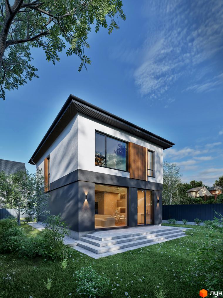 Містечко котеджів STOYANKA PARK: двоповерховий будинок з білим та темним фасадом, великими вікнами. Перед будинком зелений газон та кам'яні сходи.