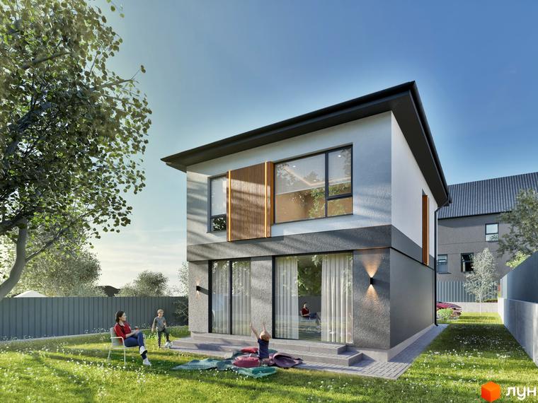 Будинок Котеджне містечко STOYANKA PARK з білим, сірим фасадом, великими вікнами та дерев'яними вставками. На газоні біля будинку відпочиває родина.