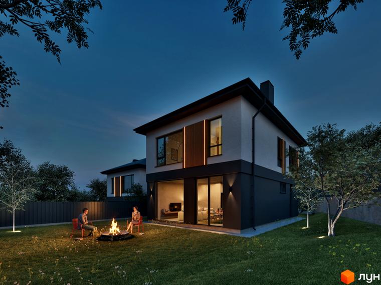 Котеджне містечко STOYANKA PARK. Двоповерховий будинок з підсвіченими фасадами та великими вікнами, на газоні біля будинку вогнище з людьми.