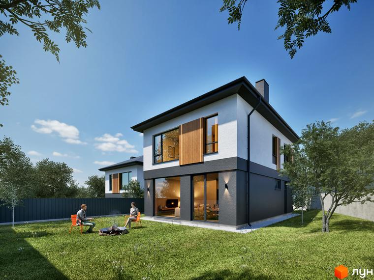 Двоповерховий будинок Котеджного містечка STOYANKA PARK з білим верхнім та темно-сірим нижнім фасадом, великими вікнами. На зеленій галявині відпочивають люди.