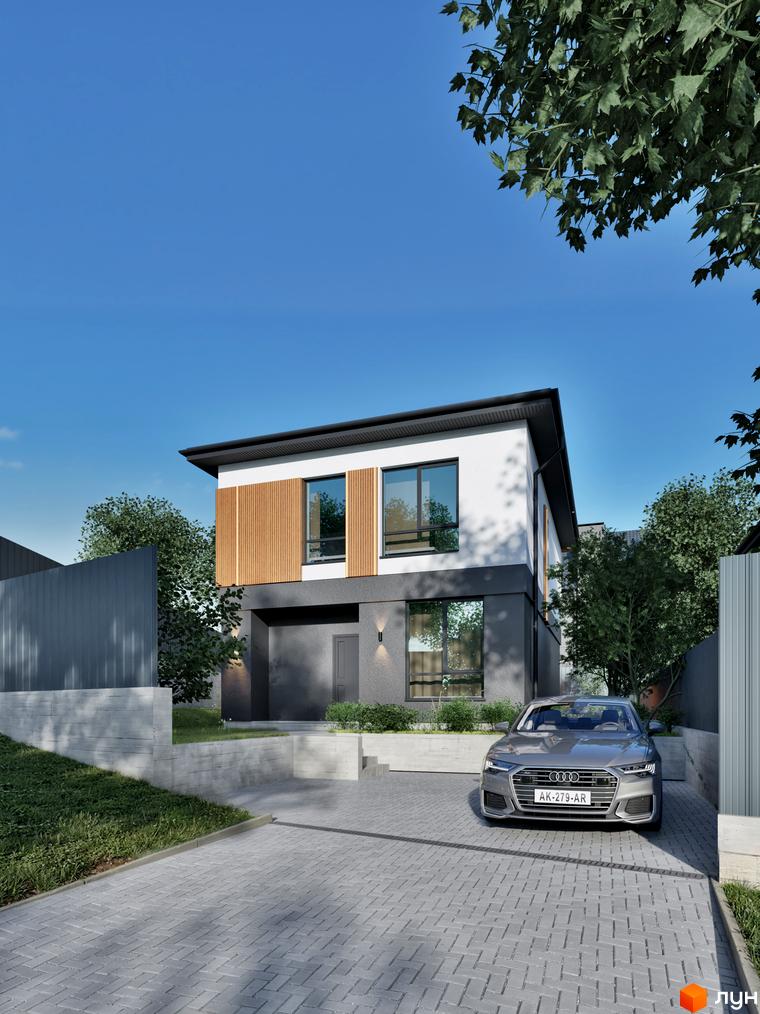 Двоповерховий будинок Котеджного містечка STOYANKA PARK з білим та темно-сірим фасадом, дерев'яними елементами. На подвір'ї вимощена бруківкою доріжка та зелений газон.