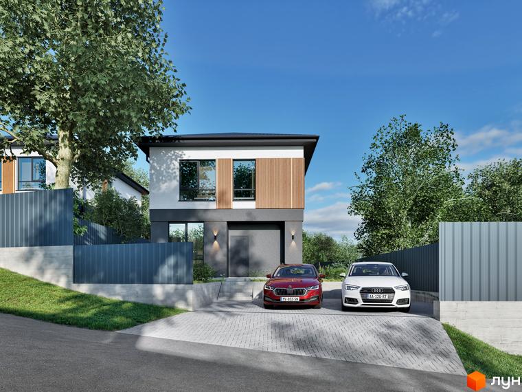 Котеджне містечко КМ STOYANKA PARK: двоповерховий будинок з дерев'яними елементами фасаду та прибудинковою територією з двома автомобілями.