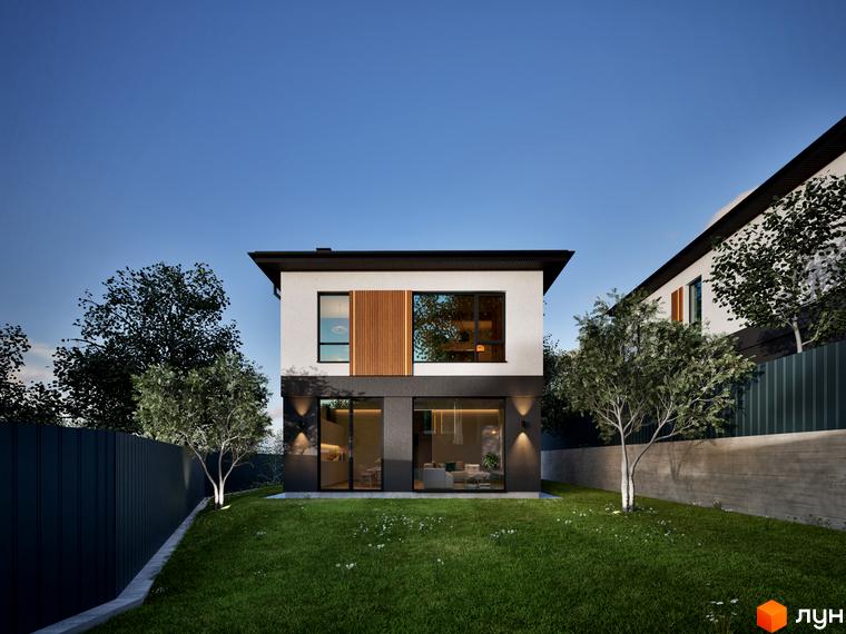 Двоповерховий будинок Котеджного містечка STOYANKA PARK з білим та темно-сірим фасадом, великими вікнами та дерев'яними елементами. Перед будинком зелений газон з деревами та підсвічуванням.