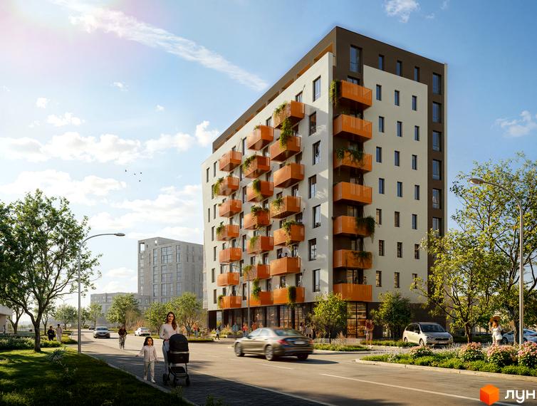 Житловий комплекс KREDO Unit: багатоповерховий будинок зі світлим фасадом та помаранчевими балконами з рослинами. Поруч дорога, дерева та люди.