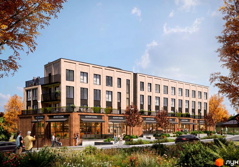 Житловий комплекс Слобідська: цегляна новобудова з балконами та комерційними приміщеннями на першому поверсі, оточена осінніми деревами та зеленню.