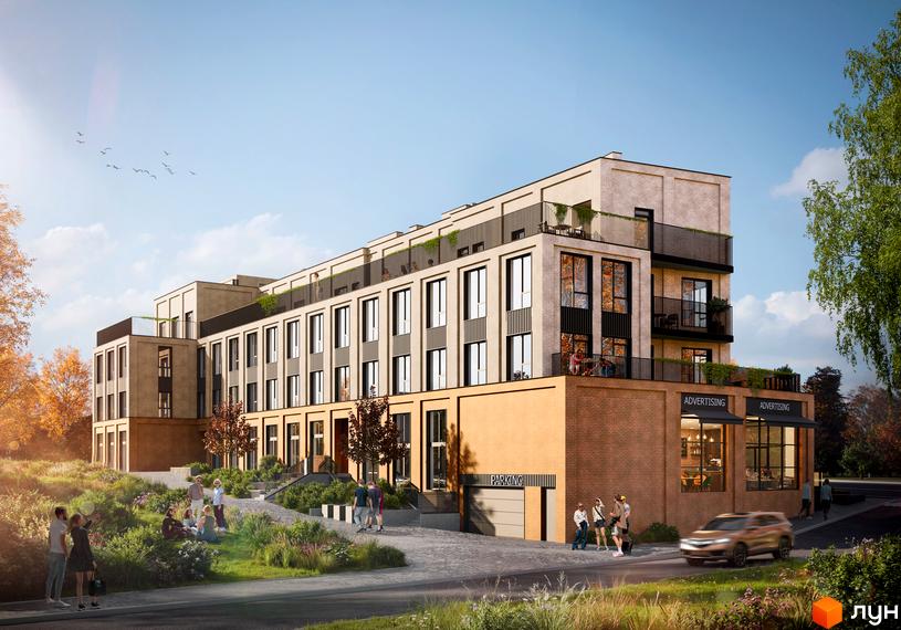 Новобудова ЖК Слобідська з цегляним фасадом та балконами, поруч зелена зона з людьми. Зовнішній вигляд будинку та прибудинкова територія.