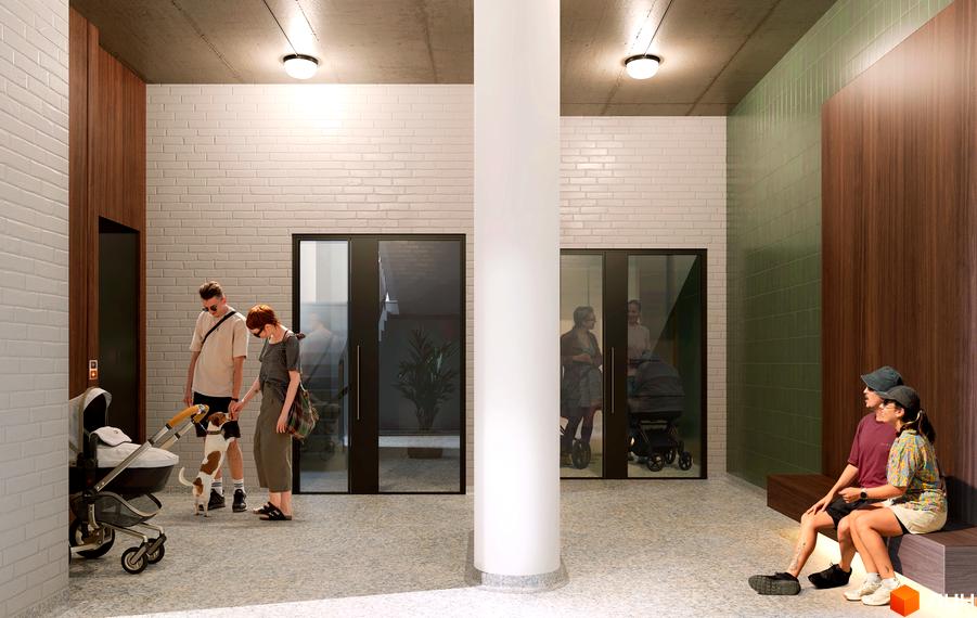 Житловий комплекс Слобідська: сучасний вхід з дверима та людьми, що чекають. Зовнішній вигляд новобудови.