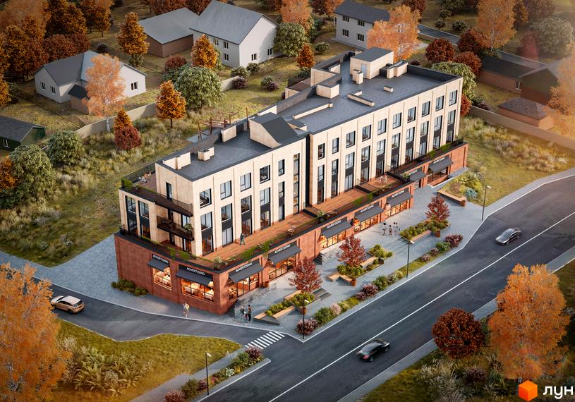 Зовнішній вигляд новобудови ЖК Слобідська з комерційними приміщеннями на першому поверсі та житловими квартирами вище. Навколо будівлі розташована прибудинкова територія з деревами та дорогою.