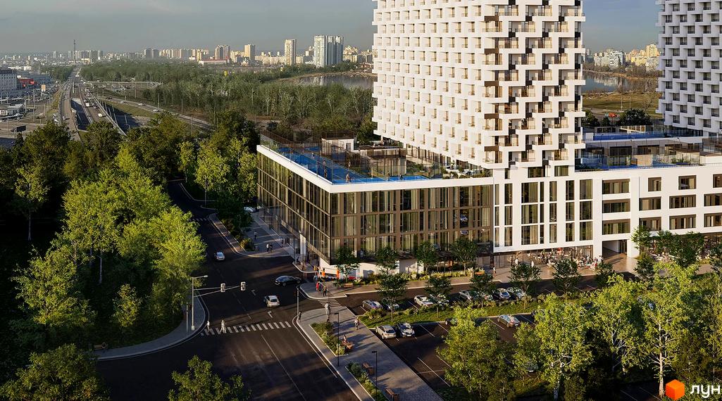 Апарт-готель Circle - це сучасний житловий комплекс з багатоповерховими будинками та облаштованою прибудинковою територією з зонами відпочинку.