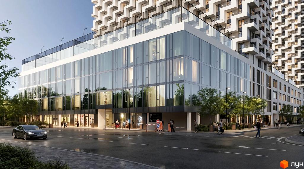 Апарт-готель Circle: фасади з панорамним склінням, тераси з огорожею, прибудинкова територія з деревами та дорогою.