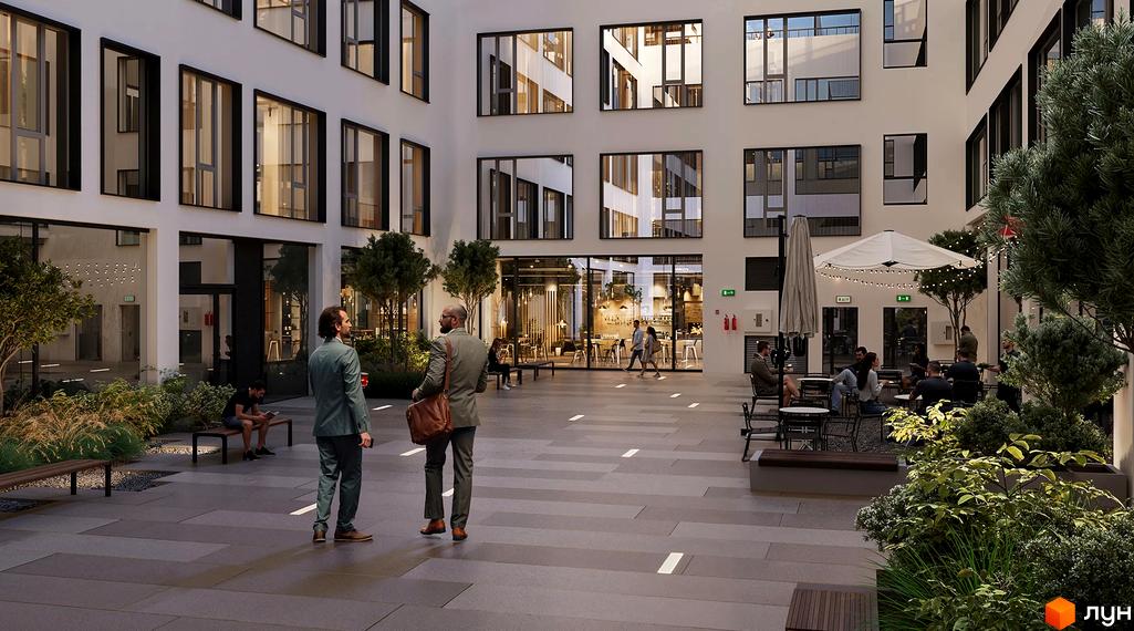 Фасад Апарт-готель Circle з великими вікнами та внутрішній двір з зеленими насадженнями, місцями для відпочинку і кафе.