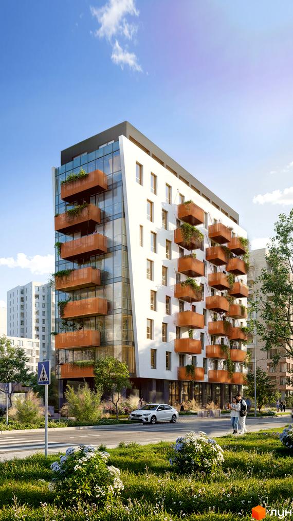 Житловий комплекс KREDO Unit з коричневими балконами та скляним фасадом. Навколо будинку зелені насадження та дорога з пішохідним переходом.