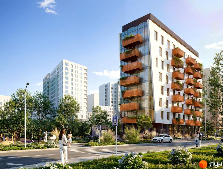 Житловий комплекс KREDO Unit з білими фасадами та коричневими балконами. Поруч зелена зона з деревами та дитячим майданчиком.