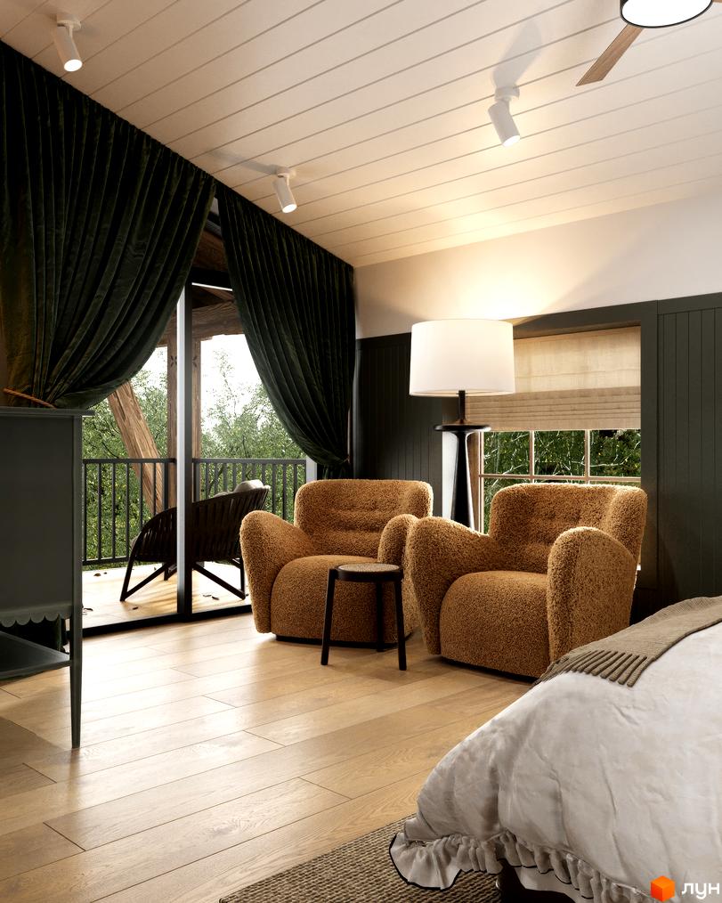 Інтер'єр спальні в котеджному містечку КМ Павза Village and Spa з двома кріслами та балконом з видом на зелень. Затишна атмосфера для відпочинку та релаксу.