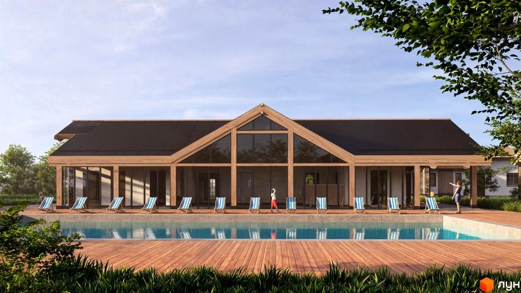 Котеджне містечко КМ ПАВЗА Village and Spa з басейном та шезлонгами. Сучасний будинок з великими вікнами та дерев'яними елементами.