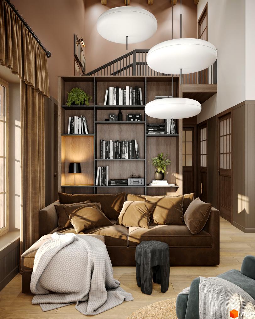 Інтер'єр вітальні в котеджному містечку КМ ПАВЗА Village and Spa з каміном, диваном та книжковою шафою. Затишна атмосфера для відпочинку.