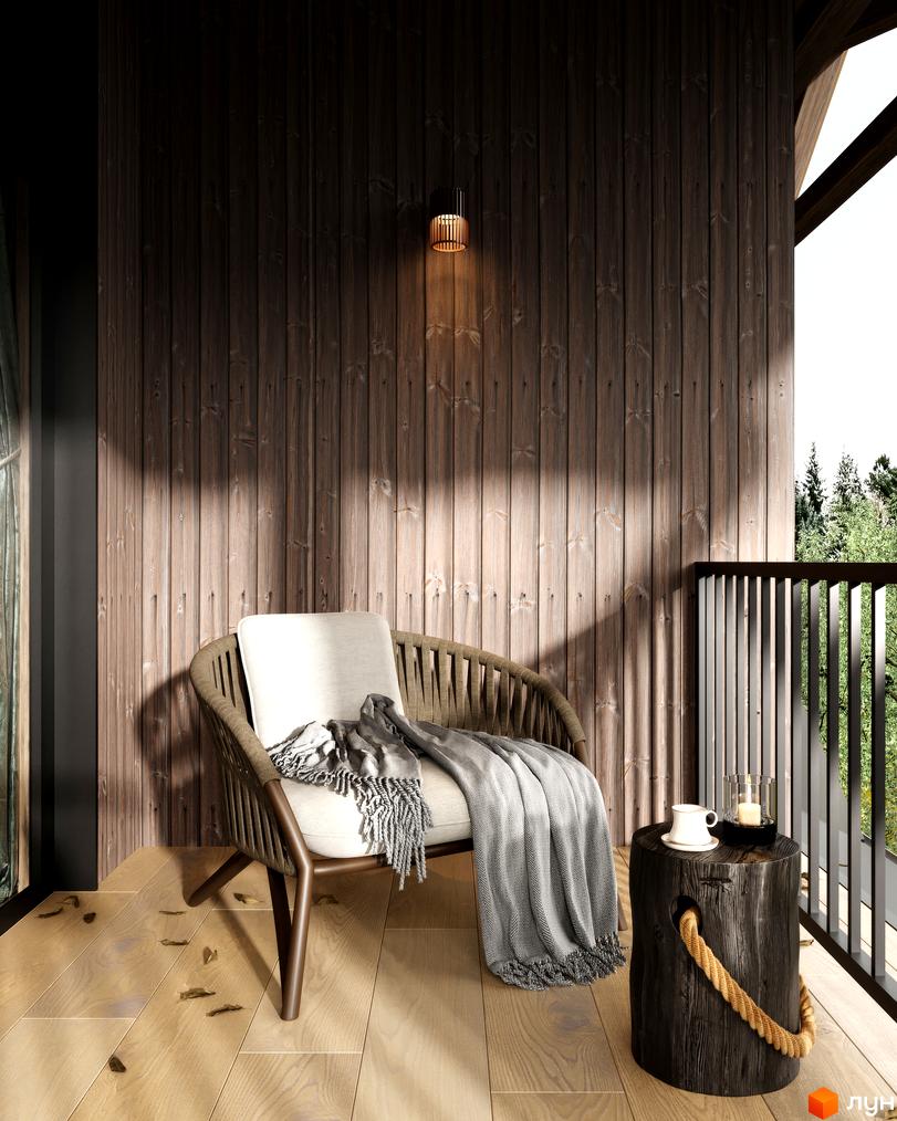 КМ ПАВЗА Village and Spa: затишна тераса з пледом на кріслі та столиком-пеньком на фоні дерев'яної стіни та зелені. Комплекс розташований серед природи.