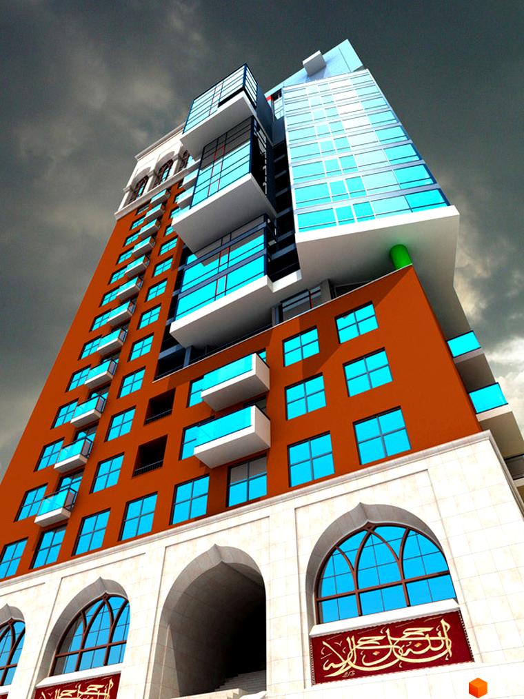 Сучасний житловий комплекс Баку з оранжевим фасадом та блакитними вікнами. Будівля має виступаючі балкони та скляні елементи.