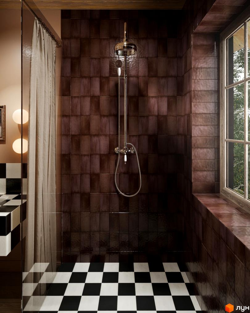 Інтер'єр ванної кімнати з душем, кахельною плиткою та вікном. КМ ПАВЗА Village and Spa – ваш новий дім.