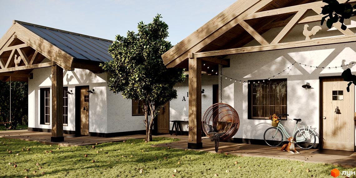 Котеджне містечко КМ PAZVA Village and Spa: двоповерховий будинок з дерев'яними балками та навісом, прибудинкова територія з газоном та яблуками.