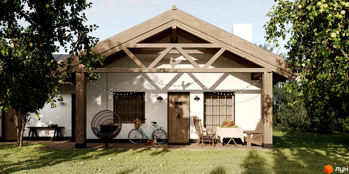 Котеджне містечко КМ ПАВЗА Village and Spa: затишний будинок з дерев'яною верандою та яблунею, оточений зеленню. Навколо будинку доглянутий газон з яблуками.