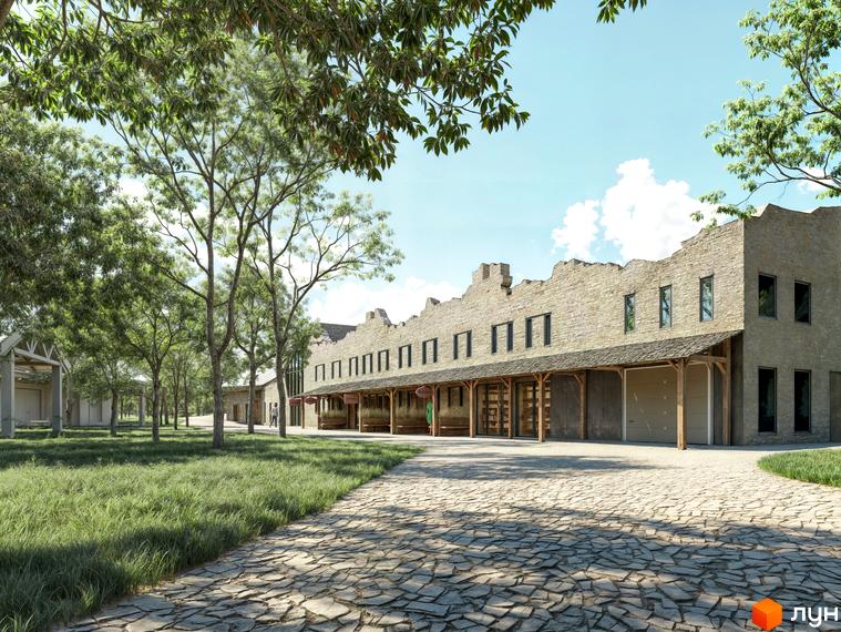 Зовнішній вигляд КМ PAWZA Village and Spa з кам'яною кладкою та дерев'яними елементами, прибудинкова територія з кам'яною доріжкою та зеленою травою.