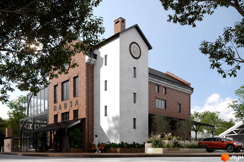Зовнішній вигляд будівлі КМ ПАВЗА Village and Spa з цегляною кладкою та білою вежею з годинником. Прибудинкова територія з деревами та автомобілем.