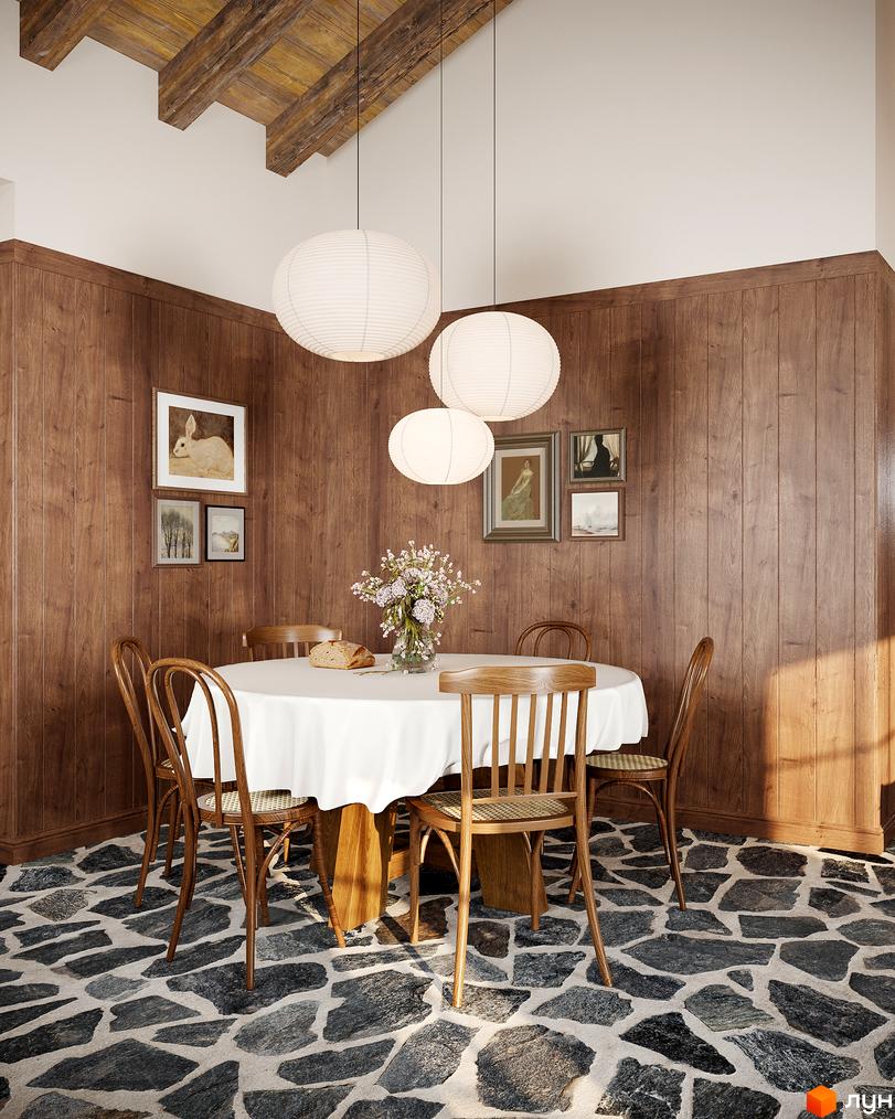 КМ ПАВЗА Village and Spa: затишна їдальня з дерев'яними стінами, круглим столом та плетеними стільцями. Кам'яна підлога додає природного шарму.