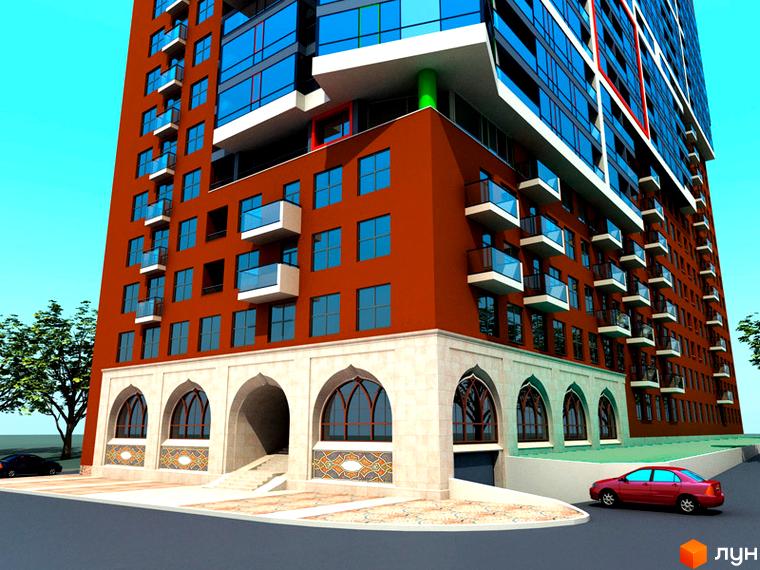 Житловий комплекс Баку: сучасна новобудова з червоними фасадами, скляними балконами та арочними вікнами на першому поверсі. Поруч розташована дорога з автомобілем.