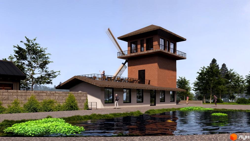 Котеджне містечко КМ ПАВЗА Village and Spa: цегляна вежа з вітряком та терасою, поруч ставок з зеленню.