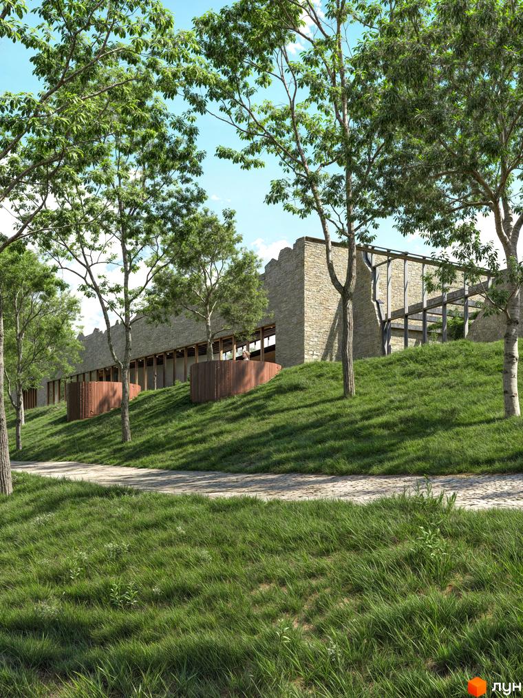 Котеджне містечко КМ ПАВЗА Village and Spa з кам'яною стіною та дерев'яними елементами, оточене зеленою травою та деревами.