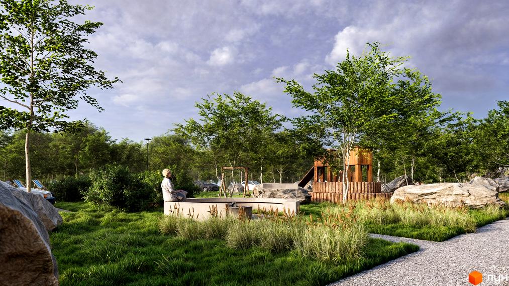 КМ ПАВЗА Village and Spa: дитячий майданчик з пісочницею та гіркою серед дерев. Прибудинкова територія з травою та великим камінням.