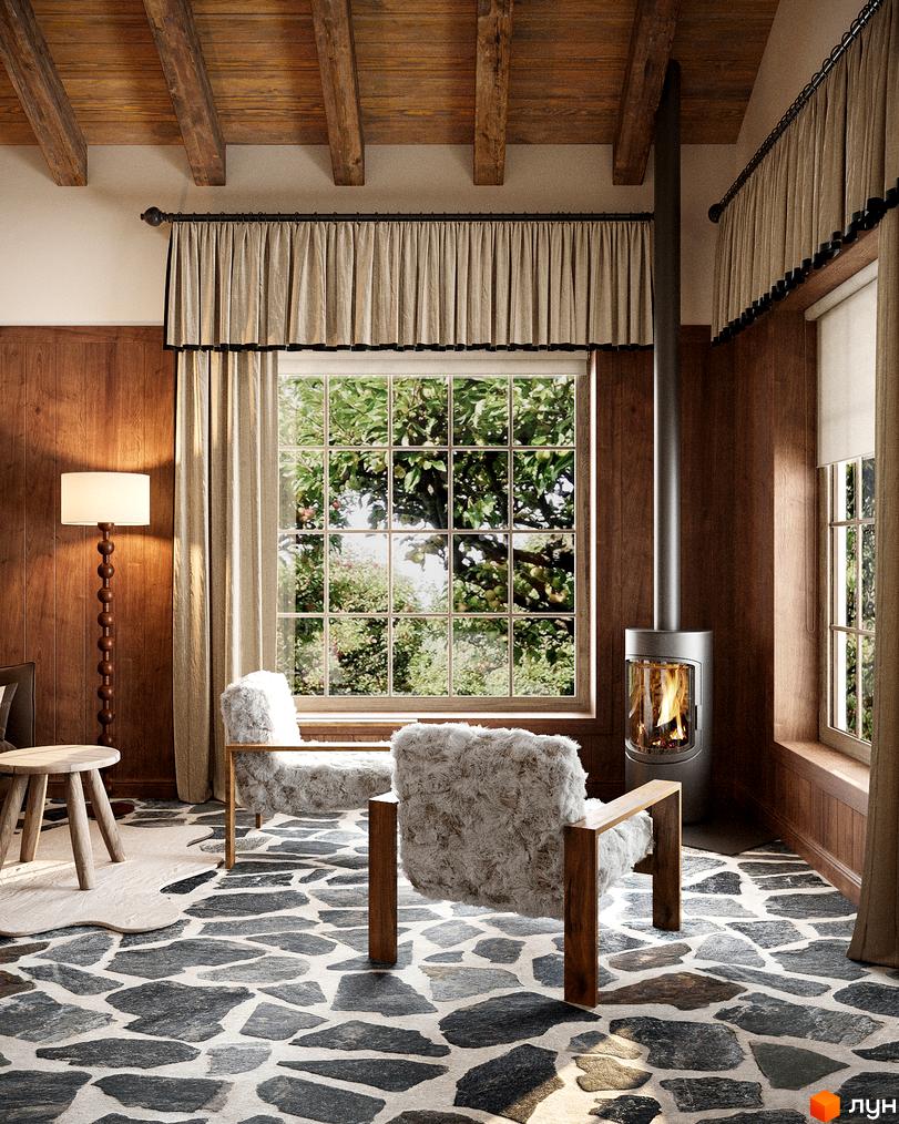 КМ ПАВЗА Village and Spa: затишна вітальня з каміном та вікном з видом на сад. Комплекс котеджів для комфортного життя.