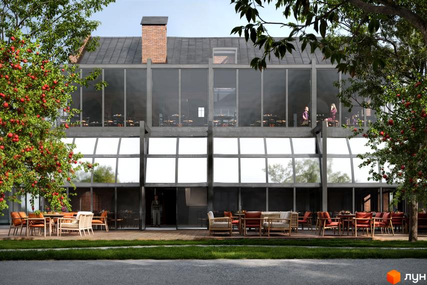 Котеджне містечко КМ ПАВЗА Village and Spa з великими вікнами та терасою з меблями. Навколо дерева з червоними яблуками та зелена трава.