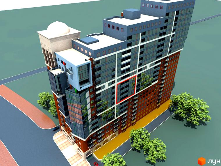 Зовнішній вигляд житлового комплексу Баку з цегляним фасадом та скляними вікнами. Навколо будинку зелені дерева та дорога.