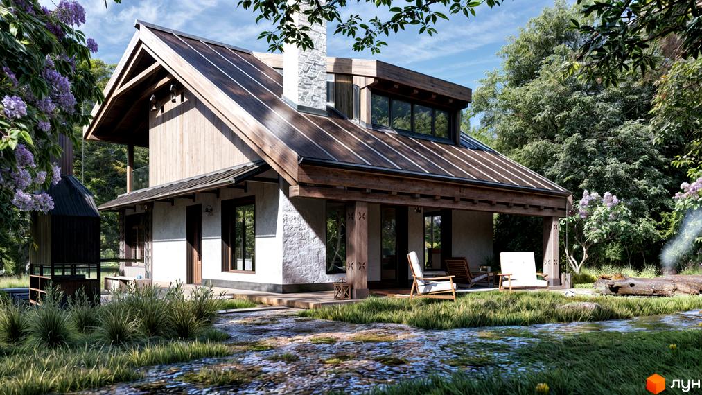 Котеджне містечко КМ ПАВЗА Village and Spa. Двоповерховий будинок з дерев'яними елементами та кам'яною кладкою, розташований біля річки та оточений зеленню.