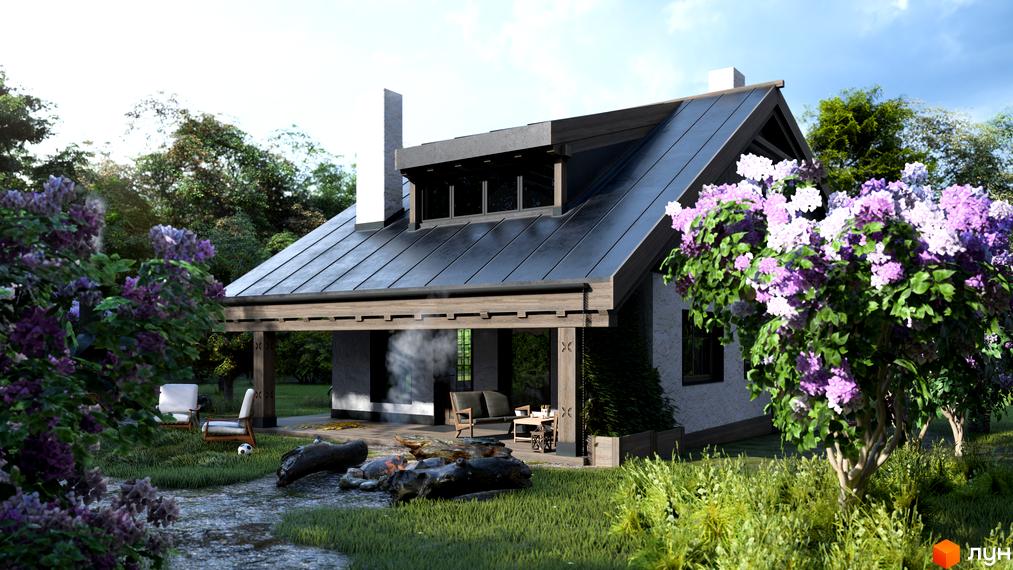 Котеджне містечко ПАВЗА Village and Spa: одноповерховий будинок з темним дахом та дерев'яною терасою, оточений квітучими кущами та зеленою галявиною.