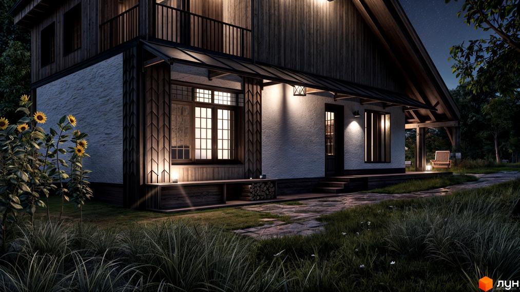 КМ ПАВЗА Village and Spa: двоповерховий будинок з дерев'яним оздобленням та білими стінами, освітлений вночі. Навколо будинку - доглянутий сад з квітами та травою.