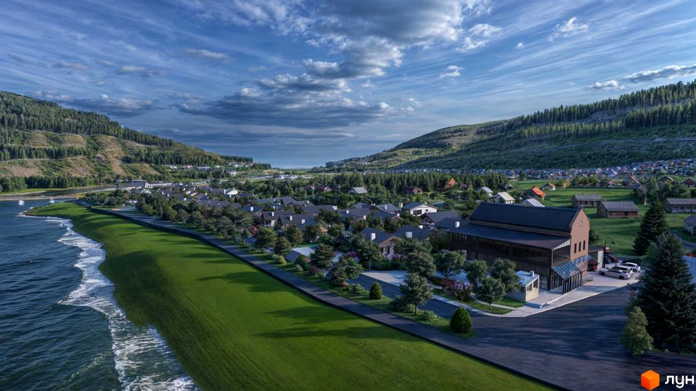 Котеджне містечко КМ ПАВЗА Village and Spa з будинками та зеленою прибудинковою територією біля води. Панорамний вид на новобудову та ландшафт.