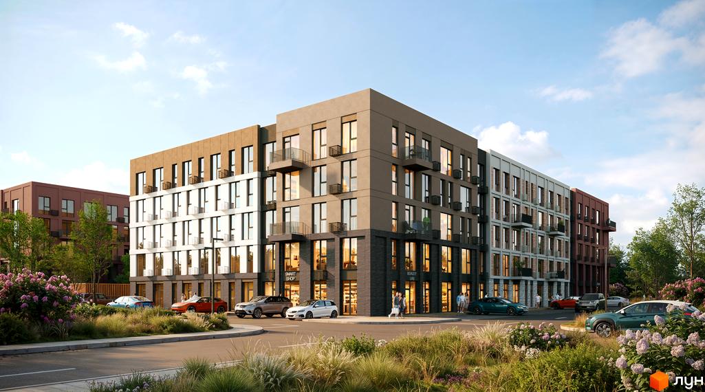 Житловий комплекс SOFIpark: будинки з різними фасадами, балконами та магазинами. Озеленена територія з дорогою, автомобілями та квітучими кущами.